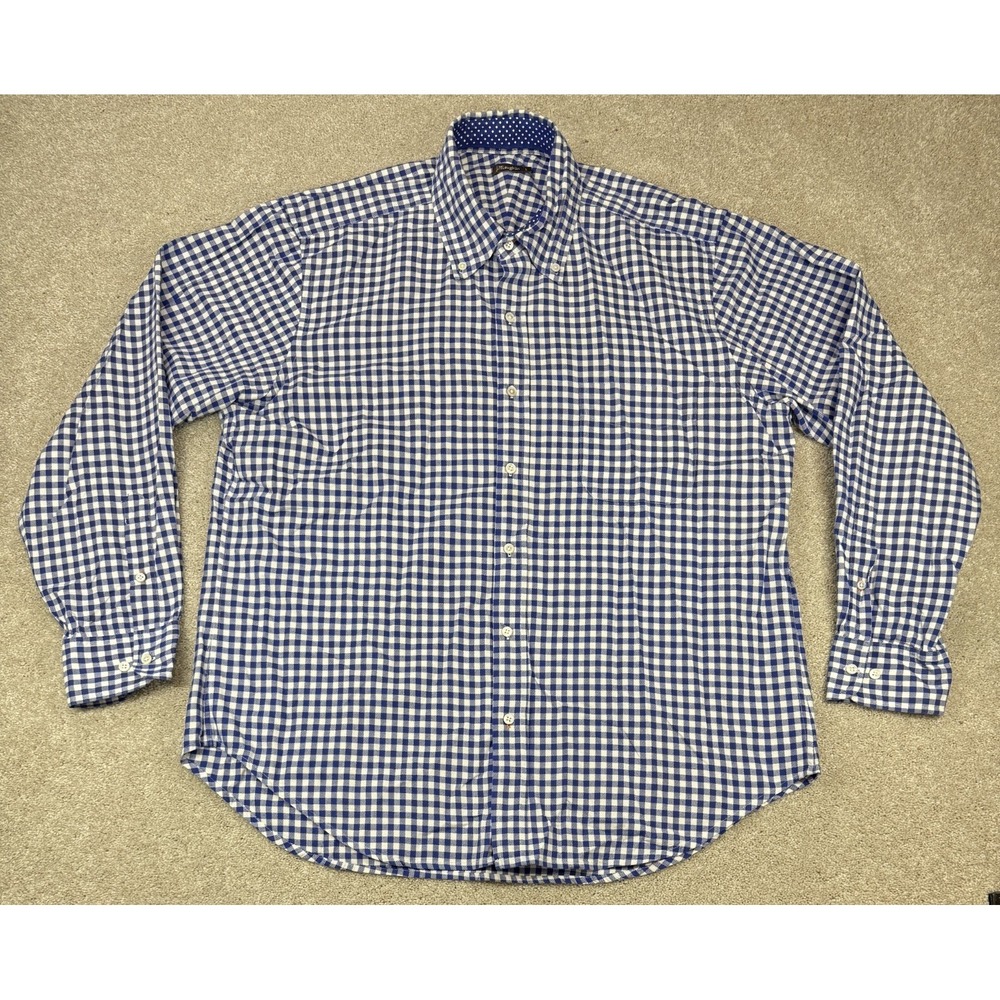 J. McLaughlin Men's LARGE Blue White Plaid Long Sleeve Button Up Shirt Preppy